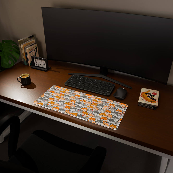 Full desktop view featuring a versatile 70x30CM-27.5x11.8in large mouse pad / desk mat with 'Miniature Pups' design, inspired by a cute kawaii dog pattern. Its balanced dimensions offer sufficient room for efficient navigation, making it a perfect and stylish upgrade for any standard desk.