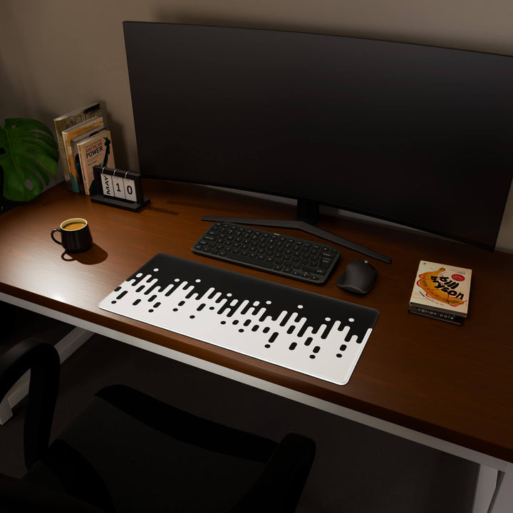 Full desktop view featuring a versatile 70x30CM-27.5x11.8in large mouse pad / desk mat with 'Monochrome Drip' design, inspired by black and white minimalist art. Its balanced dimensions offer sufficient room for efficient navigation, making it a perfect and stylish upgrade for any standard desk.