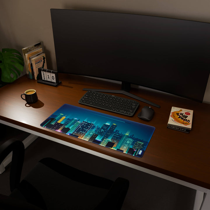 Full desktop view featuring a versatile 70x30CM-27.5x11.8in large mouse pad / desk mat with 'Neon City' design, inspired by cyberpunk cityscape art. Its balanced dimensions offer sufficient room for efficient navigation, making it a perfect and stylish upgrade for any standard desk.