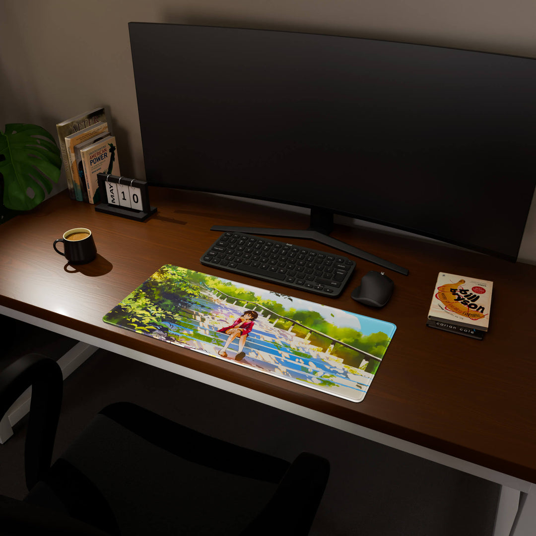 Full desktop view featuring a versatile 70x30CM-27.5x11.8in large mouse pad / desk mat with 'Peaceful Lofi Girl' design, inspired by lofi and scenic anime art. Its balanced dimensions offer sufficient room for efficient navigation, making it a perfect and stylish upgrade for any standard desk.
