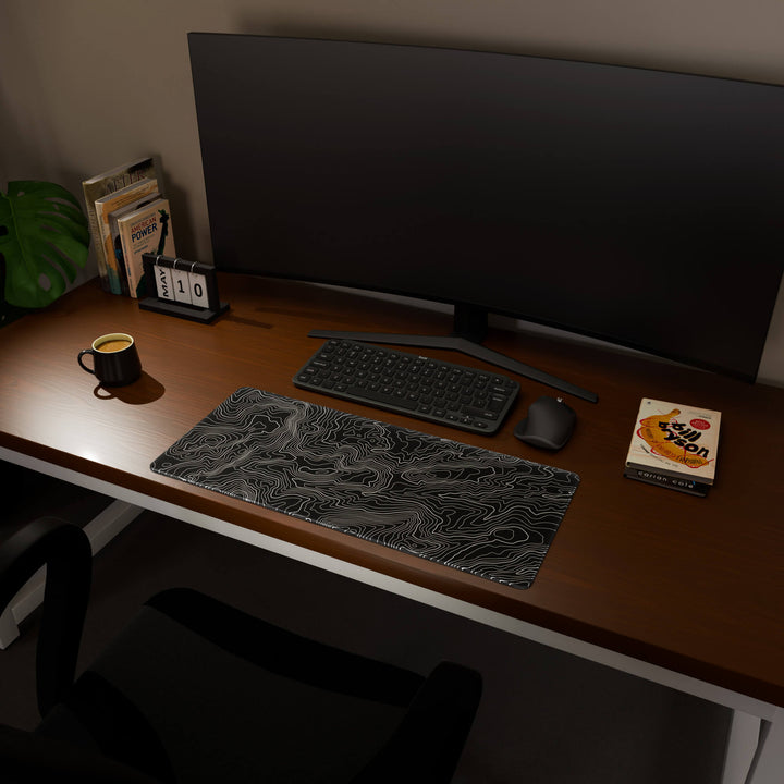 Full desktop view featuring a versatile 70x30CM-27.5x11.8in large mouse pad / desk mat with 'Classic Topographic' design, inspired by minimalist topographic line art. Its balanced dimensions offer sufficient room for efficient navigation, making it a perfect and stylish upgrade for any standard desk.