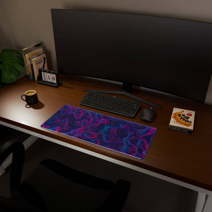 Full desktop view featuring a versatile 70x30CM-27.5x11.8in large mouse pad / desk mat with 'Vaporwave Topographic' design, inspired by vibrant vaporwave and neon topographic art. Its balanced dimensions offer sufficient room for efficient navigation, making it a perfect and stylish upgrade for any standard desk.