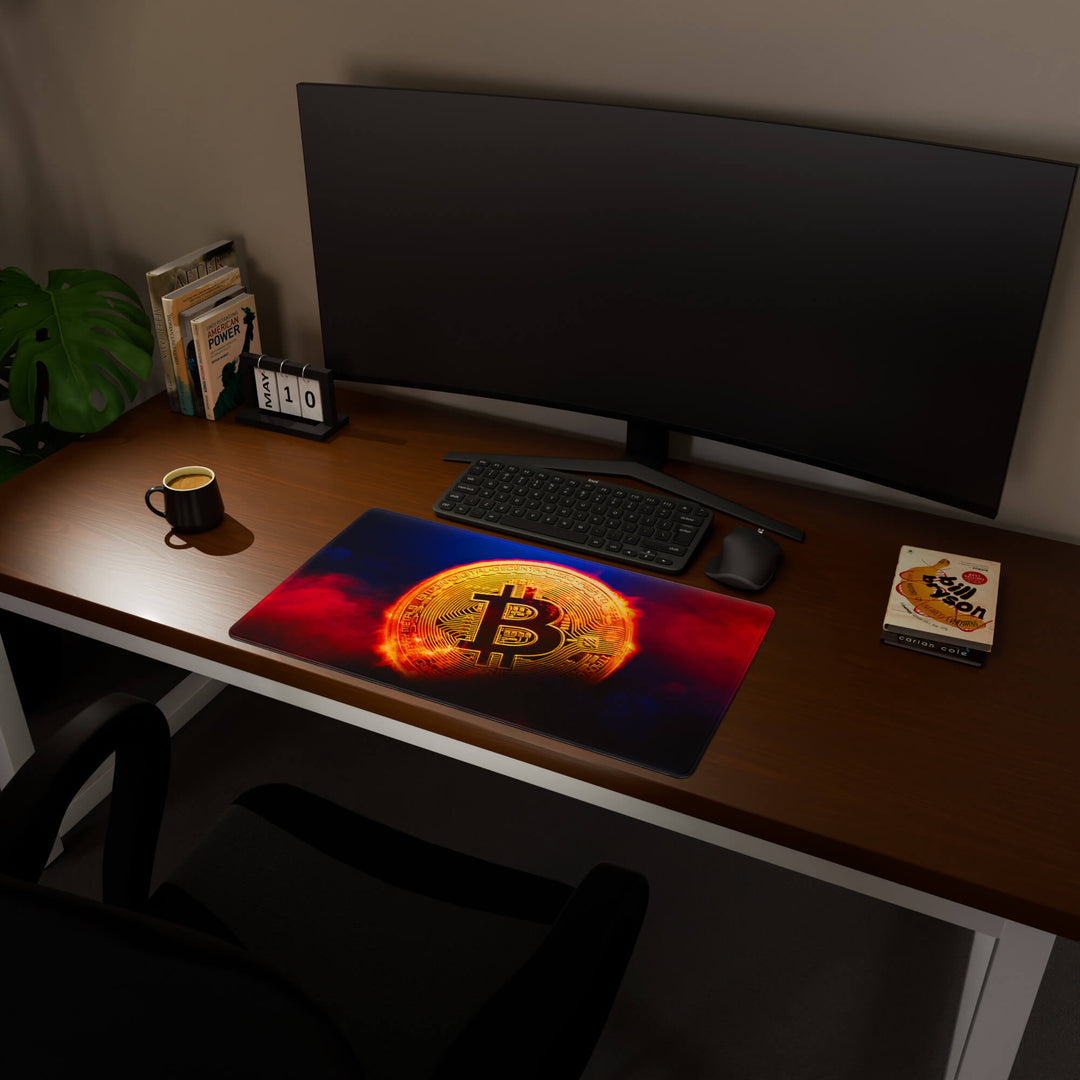 Full desktop view featuring a deep 70x40CM-27.5x15.7in large mouse pad / desk mat with 'Bitcoin' design, inspired by crypto and blockchain technology. The increased depth offers more wrist and arm support, enhancing comfort during prolonged computer use and protecting the desk below.