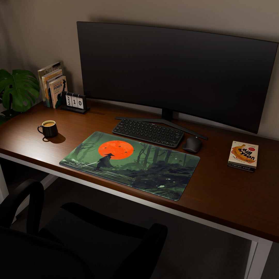 Full desktop view featuring a deep 70x40CM-27.5x15.7in large mouse pad / desk mat with 'Blood Moon Samurai' design, inspired by dark fantasy samurai art. The increased depth offers more wrist and arm support, enhancing comfort during prolonged computer use and protecting the desk below.