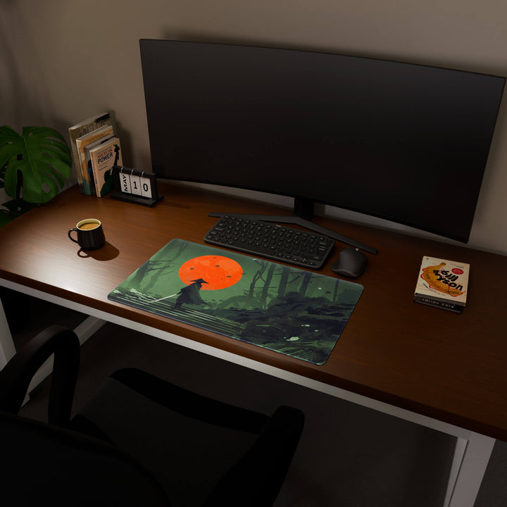 Full desktop view featuring a deep 70x40CM-27.5x15.7in large mouse pad / desk mat with 'Blood Moon Samurai' design, inspired by dark fantasy samurai art. The increased depth offers more wrist and arm support, enhancing comfort during prolonged computer use and protecting the desk below.