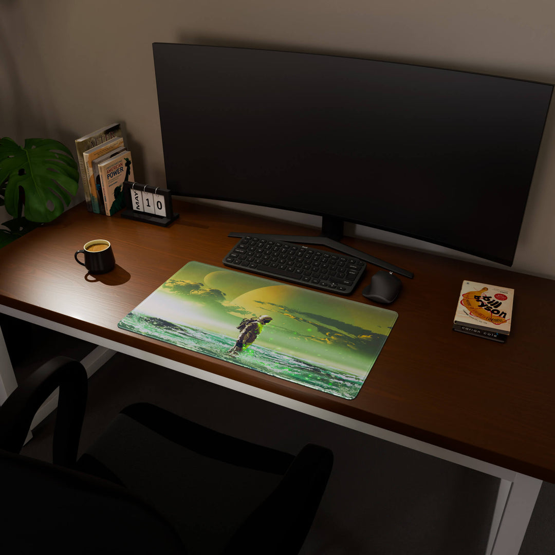 Full desktop view featuring a deep 70x40CM-27.5x15.7in large mouse pad / desk mat with 'Cosmic Explorer' design, inspired by cyberpunk and sci-fi space art. The increased depth offers more wrist and arm support, enhancing comfort during prolonged computer use and protecting the desk below.