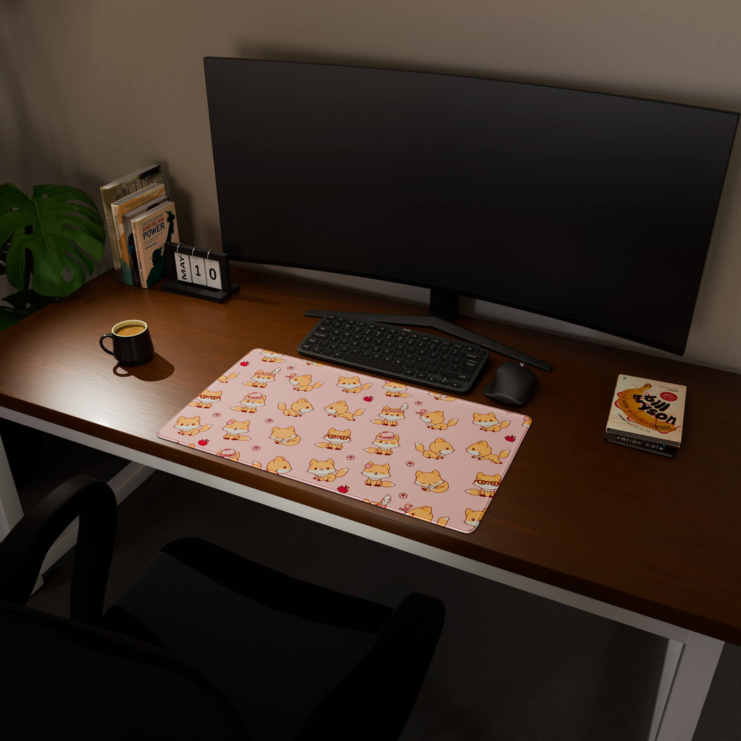 Full desktop view featuring a deep 70x40CM-27.5x15.7in large mouse pad / desk mat with 'Kawaii Fox' design, inspired by cute kawaii pink animal art. The increased depth offers more wrist and arm support, enhancing comfort during prolonged computer use and protecting the desk below.