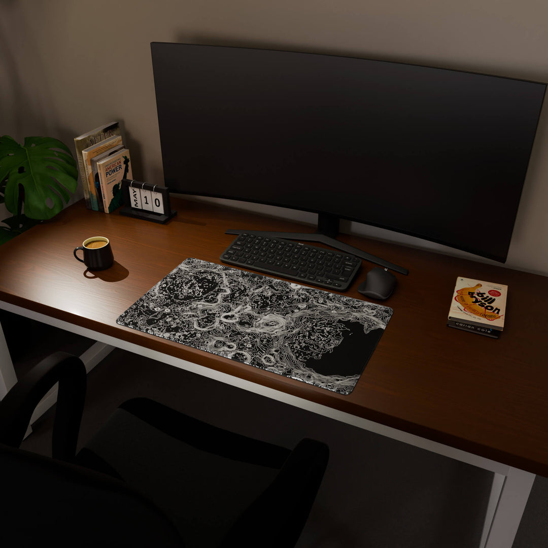 Full desktop view featuring a deep 70x40CM-27.5x15.7in large mouse pad / desk mat with 'Lunar Topographic' design, inspired by minimalist lunar surface art. The increased depth offers more wrist and arm support, enhancing comfort during prolonged computer use and protecting the desk below.