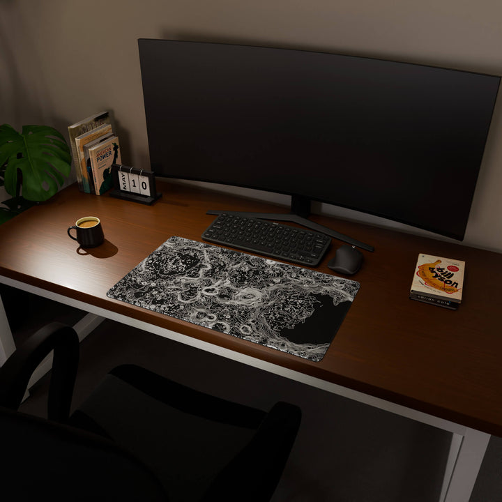Full desktop view featuring a deep 70x40CM-27.5x15.7in large mouse pad / desk mat with 'Lunar Topographic' design, inspired by minimalist lunar surface art. The increased depth offers more wrist and arm support, enhancing comfort during prolonged computer use and protecting the desk below.