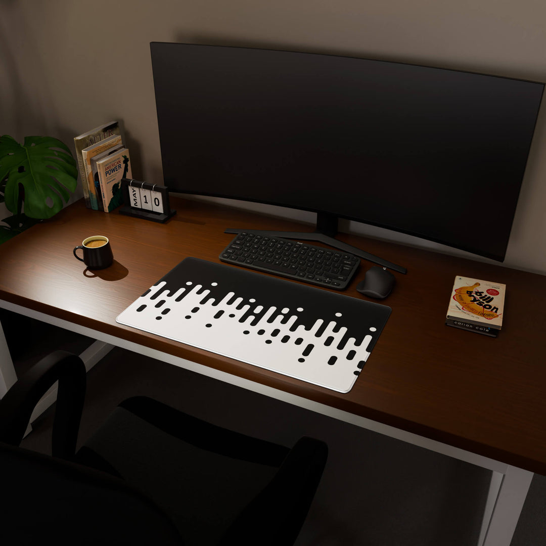 Full desktop view featuring a deep 70x40CM-27.5x15.7in large mouse pad / desk mat with 'Monochrome Drip' design, inspired by black and white minimalist art. The increased depth offers more wrist and arm support, enhancing comfort during prolonged computer use and protecting the desk below.