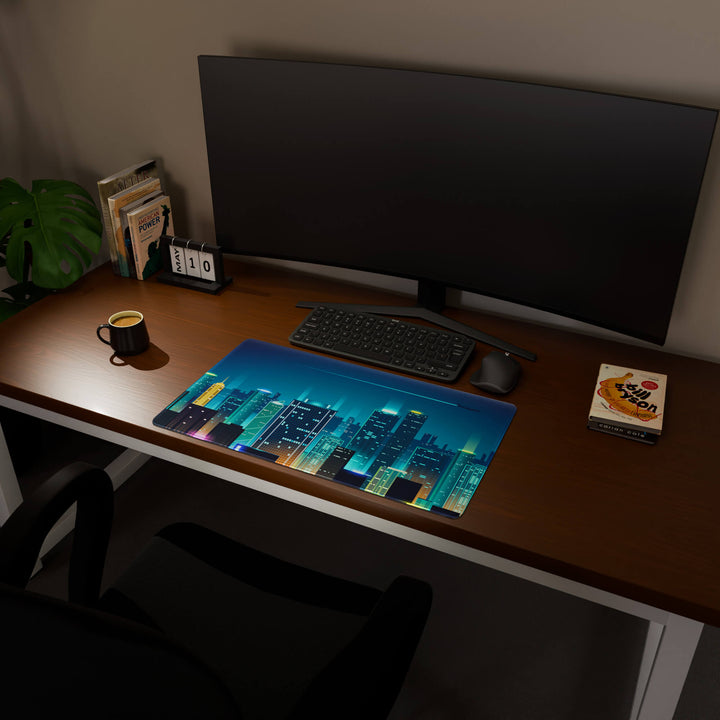 Full desktop view featuring a deep 70x40CM-27.5x15.7in large mouse pad / desk mat with 'Neon City' design, inspired by cyberpunk cityscape art. The increased depth offers more wrist and arm support, enhancing comfort during prolonged computer use and protecting the desk below.