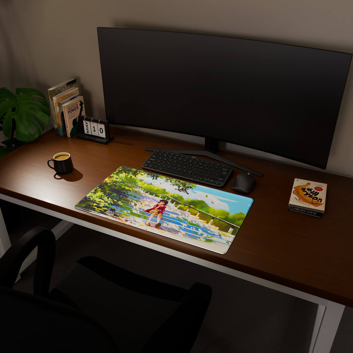 Full desktop view featuring a deep 70x40CM-27.5x15.7in large mouse pad / desk mat with 'Peaceful Lofi Girl' design, inspired by lofi and scenic anime art. The increased depth offers more wrist and arm support, enhancing comfort during prolonged computer use and protecting the desk below.