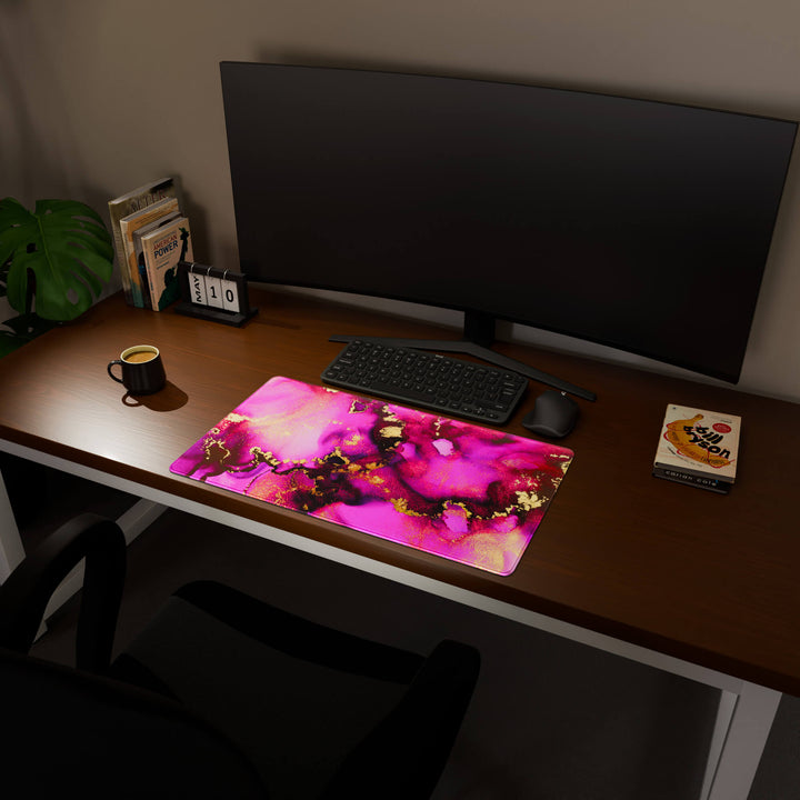 Full desktop view featuring a deep 70x40CM-27.5x15.7in large mouse pad / desk mat with 'Pink & Gold' design, inspired by pink and gold alcohol ink art. The increased depth offers more wrist and arm support, enhancing comfort during prolonged computer use and protecting the desk below.