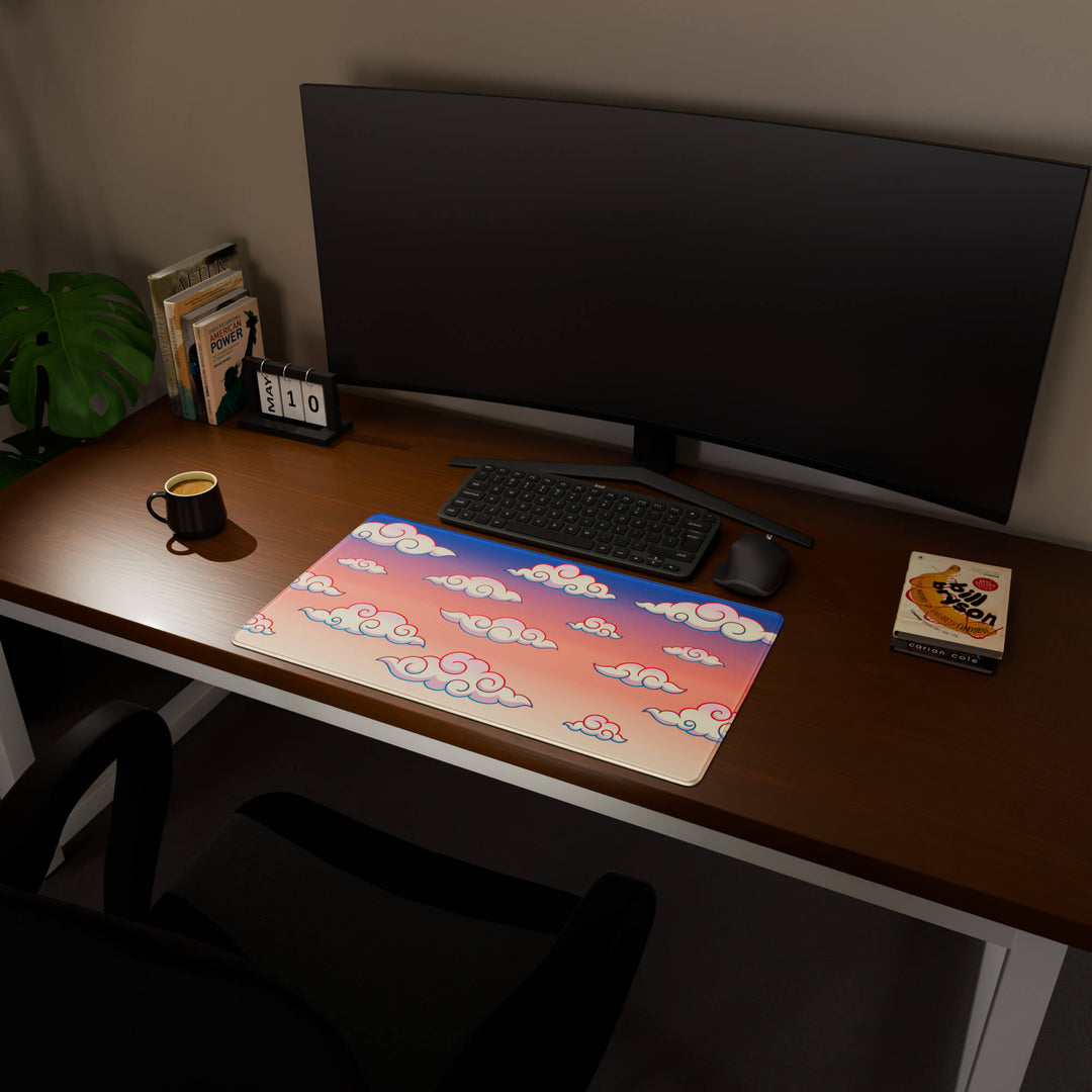 Full desktop view featuring a deep 70x40CM-27.5x15.7in large mouse pad / desk mat with 'Sunset Clouds' design, inspired by Naruto and vibrant Japanese anime art. The increased depth offers more wrist and arm support, enhancing comfort during prolonged computer use and protecting the desk below.