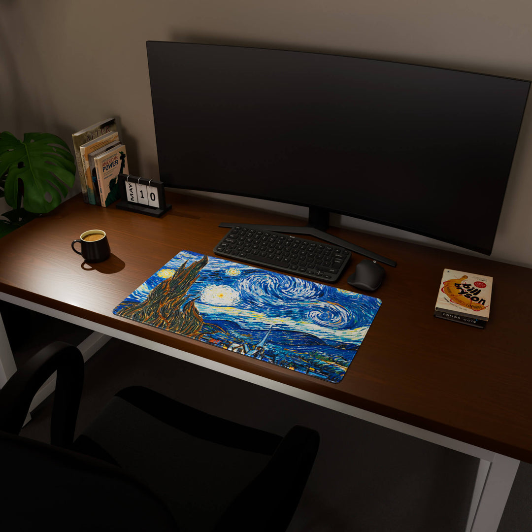 Full desktop view featuring a deep 70x40CM-27.5x15.7in large mouse pad / desk mat with 'The Starry Night' design, inspired by Van Gogh classic art. The increased depth offers more wrist and arm support, enhancing comfort during prolonged computer use and protecting the desk below.