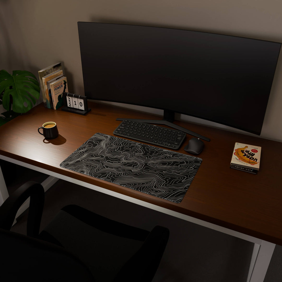 Full desktop view featuring a deep 70x40CM-27.5x15.7in large mouse pad / desk mat with 'Classic Topographic' design, inspired by minimalist topographic line art. The increased depth offers more wrist and arm support, enhancing comfort during prolonged computer use and protecting the desk below.