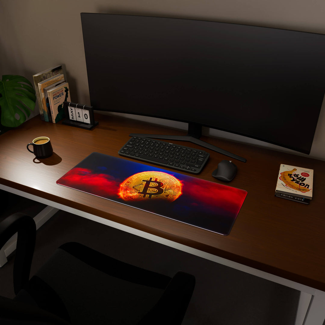 Full desktop view featuring a practical 80x30CM-31.4x11.8in extended desk mat with 'Bitcoin' design, inspired by crypto and blockchain technology. It provides an extended surface for both mouse and keyboard, ideal for users needing more horizontal space without overwhelming their desk.