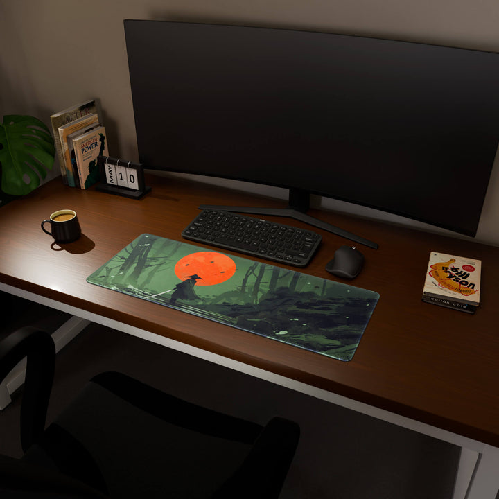 Full desktop view featuring a practical 80x30CM-31.4x11.8in extended desk mat with 'Blood Moon Samurai' design, inspired by dark fantasy samurai art. It provides an extended surface for both mouse and keyboard, ideal for users needing more horizontal space without overwhelming their desk.
