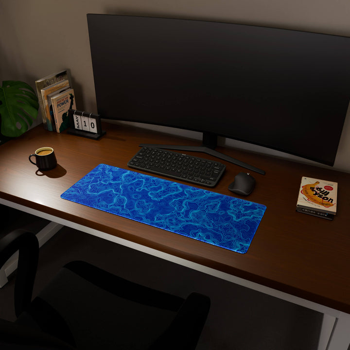 Full desktop view featuring a practical 80x30CM-31.4x11.8in extended desk mat with 'Blue Topographic' design, inspired by blue minimalist topographic art. It provides an extended surface for both mouse and keyboard, ideal for users needing more horizontal space without overwhelming their desk.