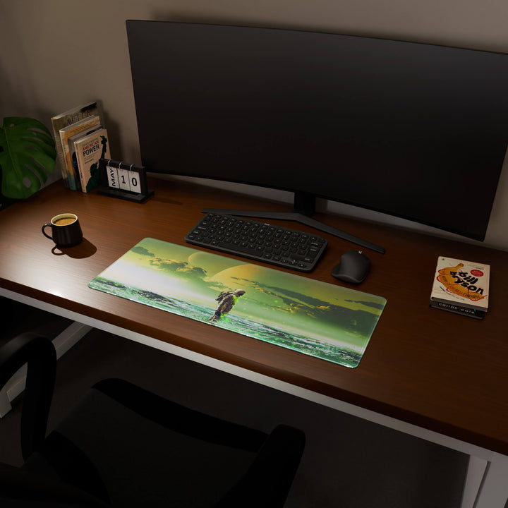 Full desktop view featuring a practical 80x30CM-31.4x11.8in extended desk mat with 'Cosmic Explorer' design, inspired by cyberpunk and sci-fi space art. It provides an extended surface for both mouse and keyboard, ideal for users needing more horizontal space without overwhelming their desk.