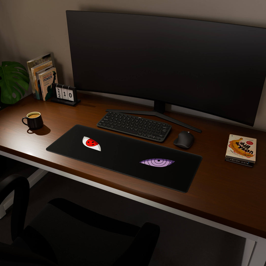 Full desktop view featuring a practical 80x30CM-31.4x11.8in extended desk mat with 'Dōjutsu' design, inspired by minimalist anime ninja eyes. It provides an extended surface for both mouse and keyboard, ideal for users needing more horizontal space without overwhelming their desk.