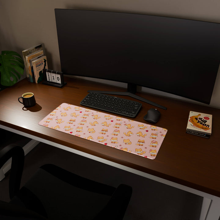 Full desktop view featuring a practical 80x30CM-31.4x11.8in extended desk mat with 'Kawaii Fox' design, inspired by cute kawaii pink animal art. It provides an extended surface for both mouse and keyboard, ideal for users needing more horizontal space without overwhelming their desk.