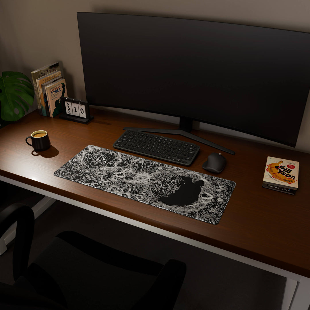Full desktop view featuring a practical 80x30CM-31.4x11.8in extended desk mat with 'Lunar Topographic' design, inspired by minimalist lunar surface art. It provides an extended surface for both mouse and keyboard, ideal for users needing more horizontal space without overwhelming their desk.