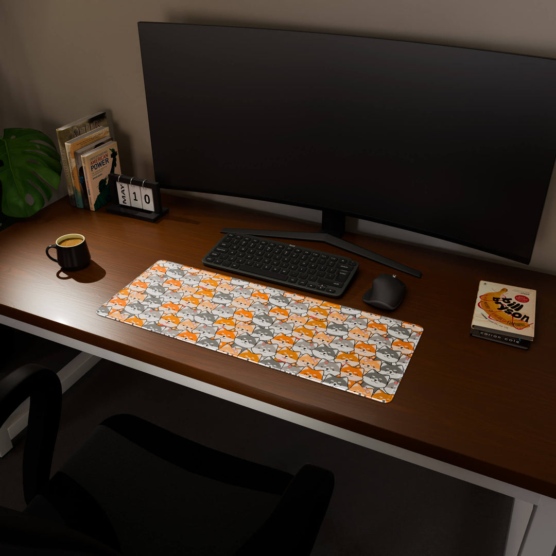 Full desktop view featuring a practical 80x30CM-31.4x11.8in extended desk mat with 'Miniature Pups' design, inspired by a cute kawaii dog pattern. It provides an extended surface for both mouse and keyboard, ideal for users needing more horizontal space without overwhelming their desk.