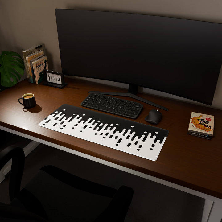 Full desktop view featuring a practical 80x30CM-31.4x11.8in extended desk mat with 'Monochrome Drip' design, inspired by black and white minimalist art. It provides an extended surface for both mouse and keyboard, ideal for users needing more horizontal space without overwhelming their desk.