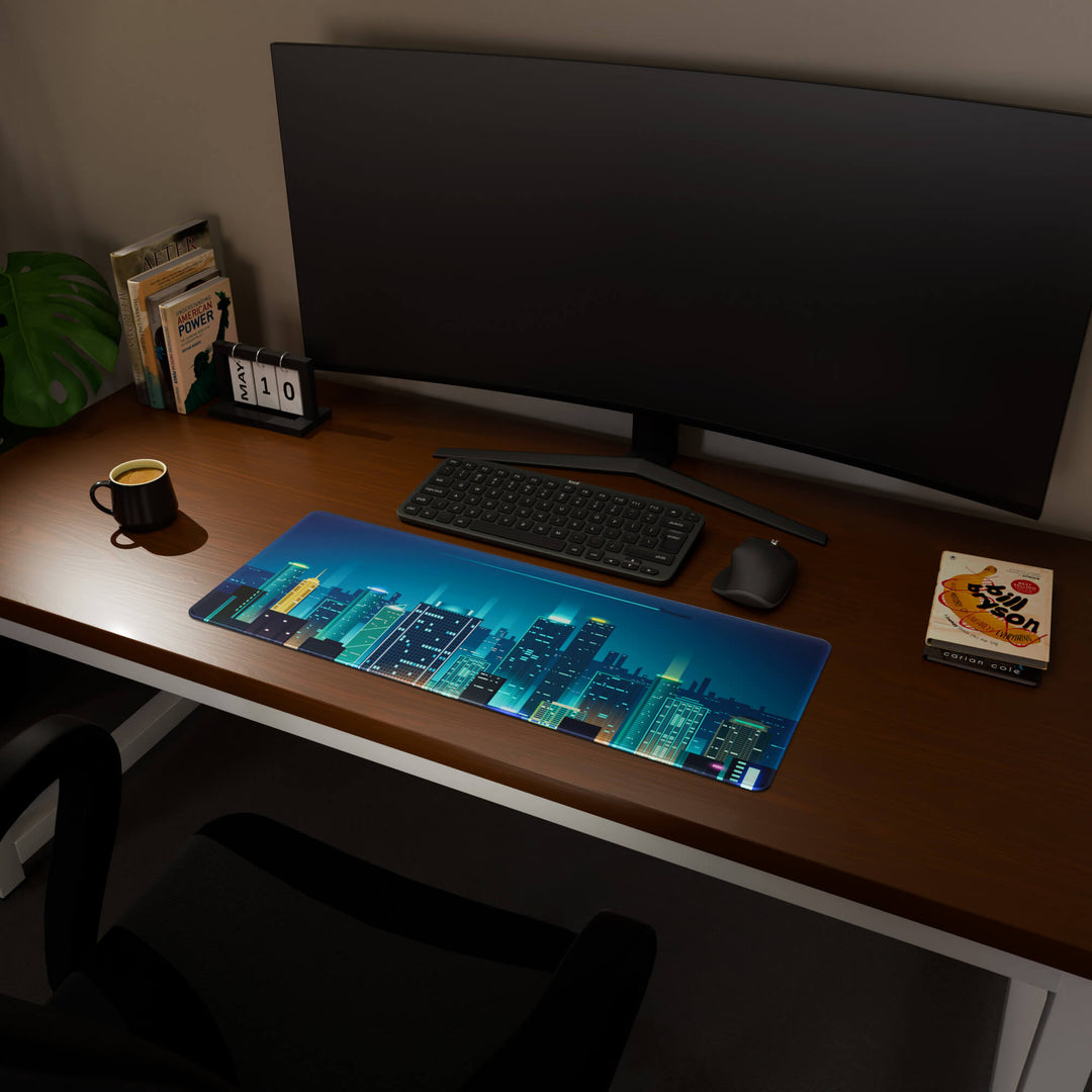 Full desktop view featuring a practical 80x30CM-31.4x11.8in extended desk mat with 'Neon City' design, inspired by cyberpunk cityscape art. It provides an extended surface for both mouse and keyboard, ideal for users needing more horizontal space without overwhelming their desk.