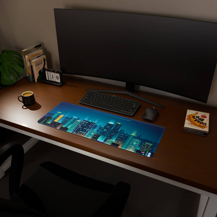 Full desktop view featuring a practical 80x30CM-31.4x11.8in extended desk mat with 'Neon City' design, inspired by cyberpunk cityscape art. It provides an extended surface for both mouse and keyboard, ideal for users needing more horizontal space without overwhelming their desk.