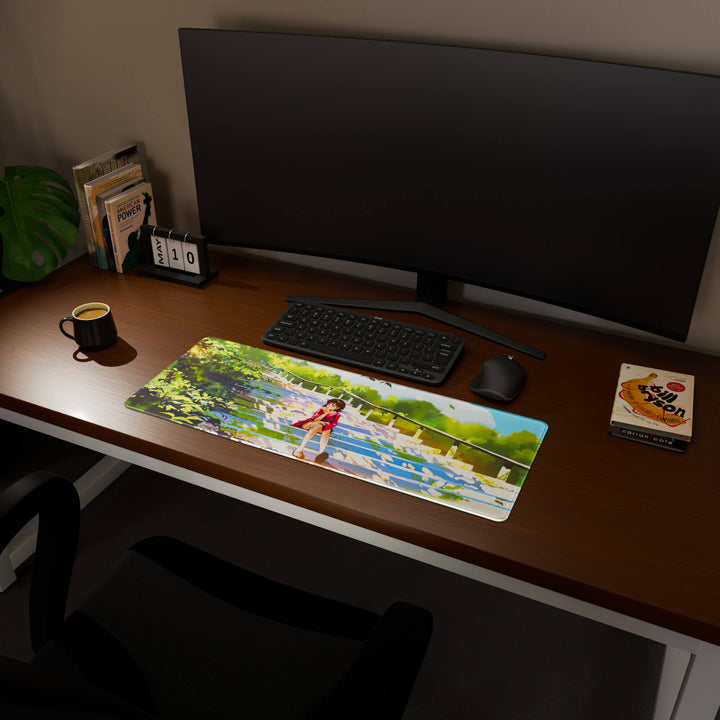 Full desktop view featuring a practical 80x30CM-31.4x11.8in extended desk mat with 'Peaceful Lofi Girl' design, inspired by lofi and scenic anime art. It provides an extended surface for both mouse and keyboard, ideal for users needing more horizontal space without overwhelming their desk.
