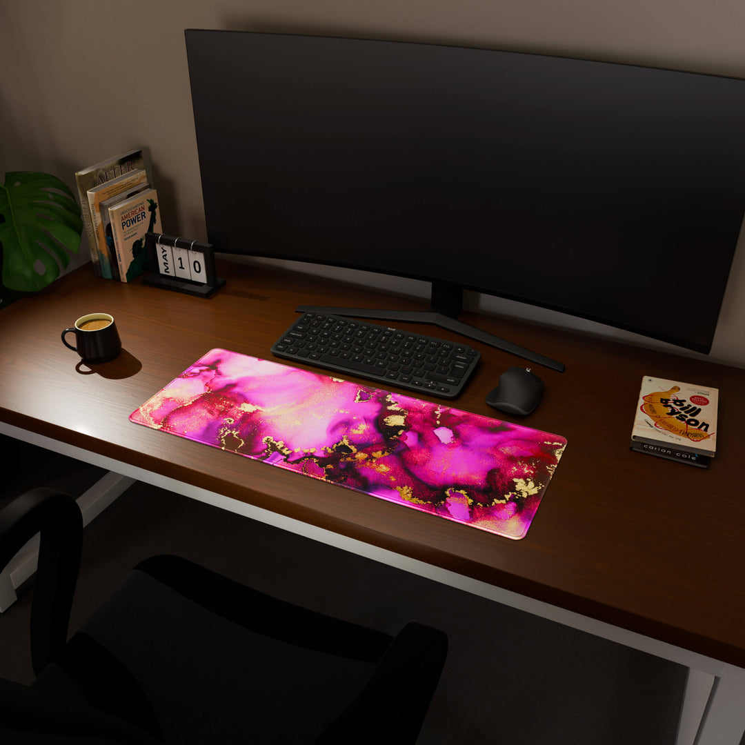 Full desktop view featuring a practical 80x30CM-31.4x11.8in extended desk mat with 'Pink & Gold' design, inspired by pink and gold alcohol ink art. It provides an extended surface for both mouse and keyboard, ideal for users needing more horizontal space without overwhelming their desk.