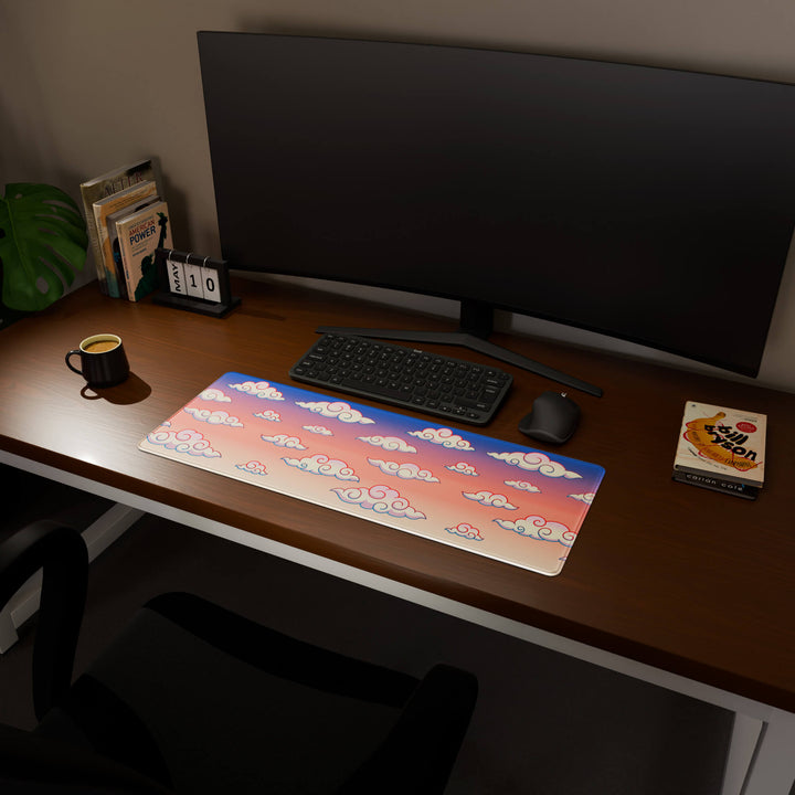 Full desktop view featuring a practical 80x30CM-31.4x11.8in extended desk mat with 'Sunset Clouds' design, inspired by Naruto and vibrant Japanese anime art. It provides an extended surface for both mouse and keyboard, ideal for users needing more horizontal space without overwhelming their desk.