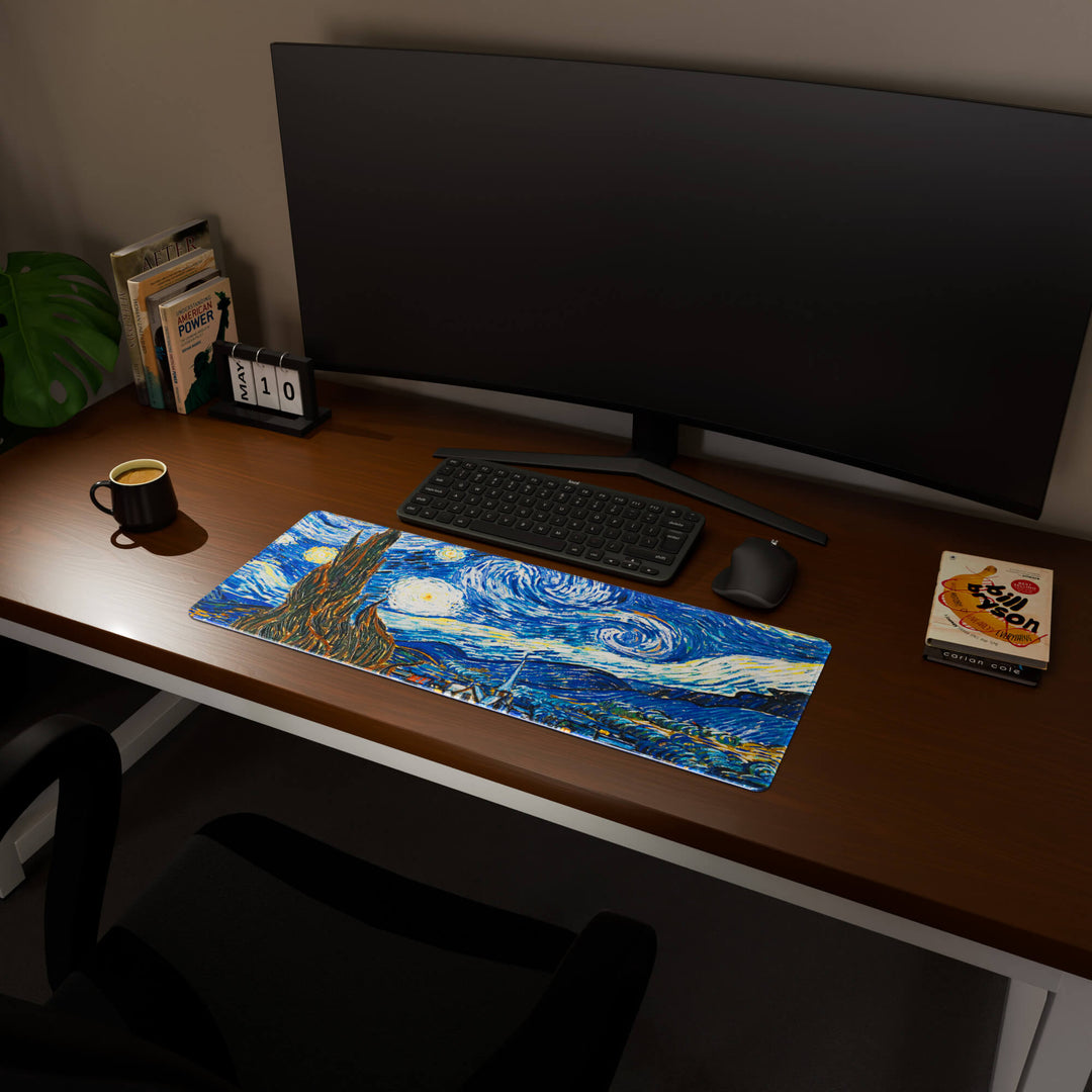 Full desktop view featuring a practical 80x30CM-31.4x11.8in extended desk mat with 'The Starry Night' design, inspired by Van Gogh classic art. It provides an extended surface for both mouse and keyboard, ideal for users needing more horizontal space without overwhelming their desk.