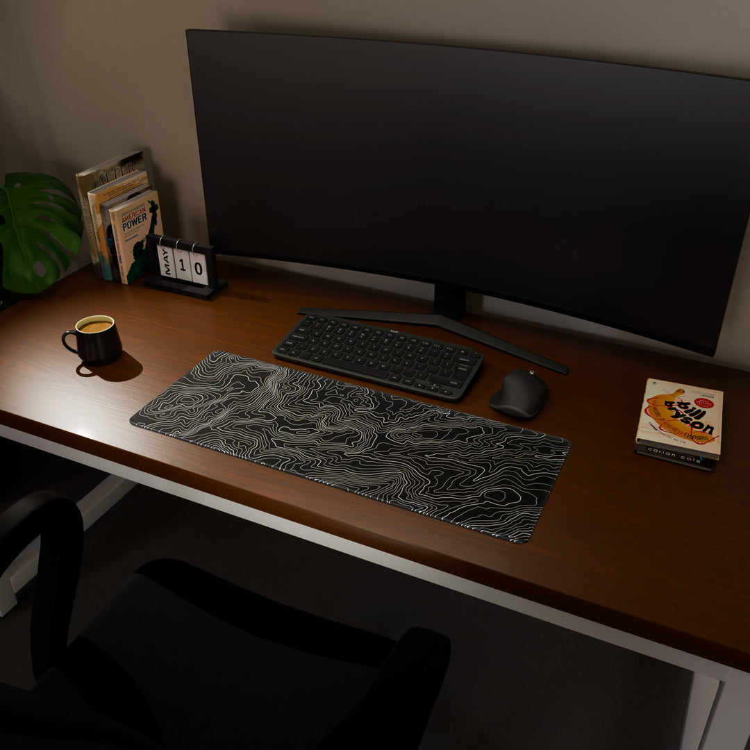 Full desktop view featuring a practical 80x30CM-31.4x11.8in extended desk mat with 'Classic Topographic' design, inspired by minimalist topographic line art. It provides an extended surface for both mouse and keyboard, ideal for users needing more horizontal space without overwhelming their desk.