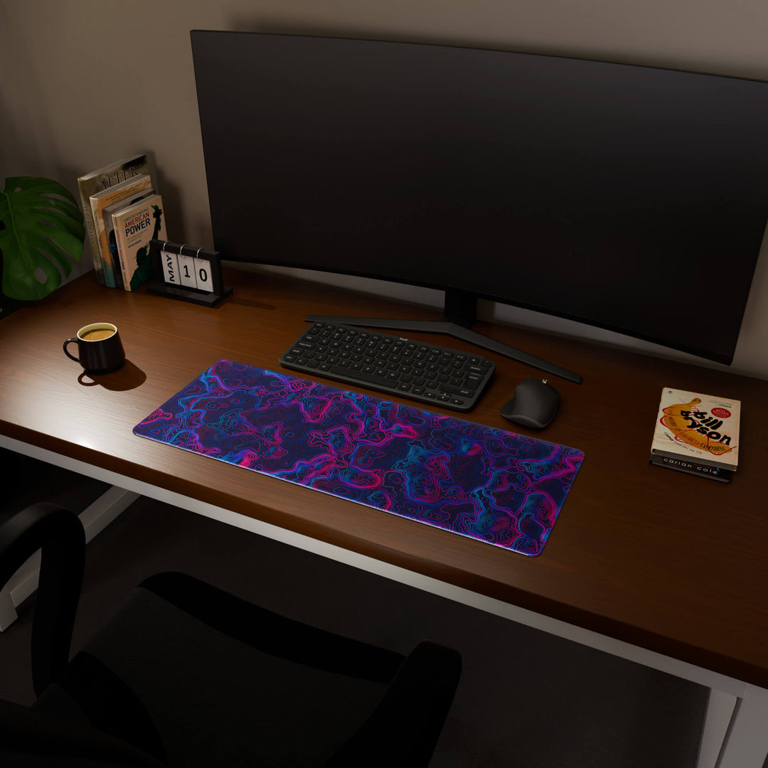 Full desktop view featuring a practical 80x30CM-31.4x11.8in extended desk mat with 'Vaporwave Topographic' design, inspired by vibrant vaporwave and neon topographic art. It provides an extended surface for both mouse and keyboard, ideal for users needing more horizontal space without overwhelming their desk.