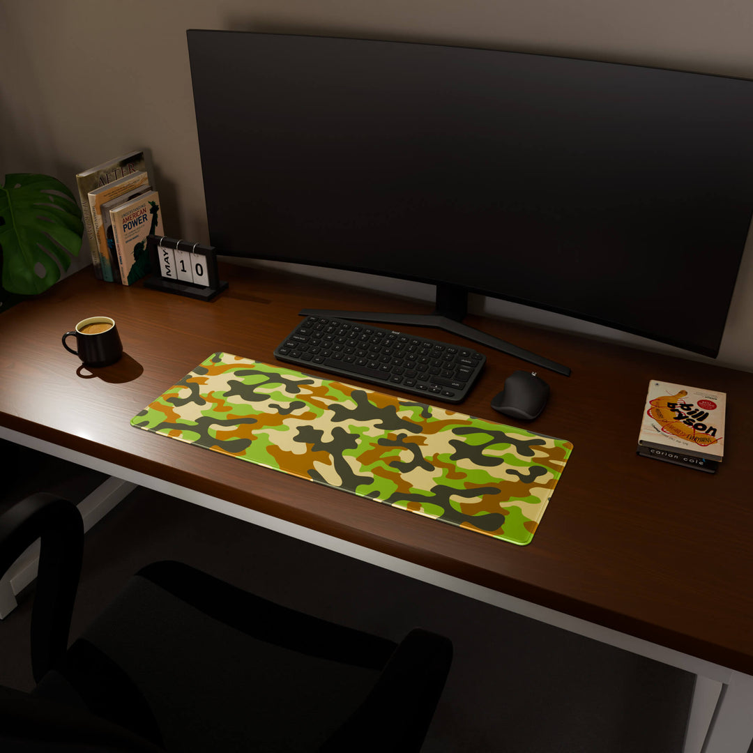 Full desktop view featuring a practical 80x30CM-31.4x11.8in extended desk mat with 'Woodland Camo' design, inspired by a classic woodland camouflage pattern. It provides an extended surface for both mouse and keyboard, ideal for users needing more horizontal space without overwhelming their desk.