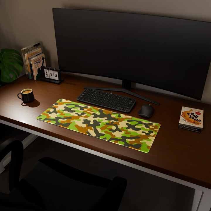 Full desktop view featuring a practical 80x30CM-31.4x11.8in extended desk mat with 'Woodland Camo' design, inspired by a classic woodland camouflage pattern. It provides an extended surface for both mouse and keyboard, ideal for users needing more horizontal space without overwhelming their desk.