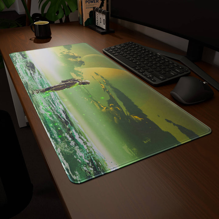 Clean angled presentation of a 90x40CM / 35x15.7in large mouse pad / desk mat showcasing the dramatic 'Cosmic Explorer' design, inspired by cyberpunk and sci-fi space art. Its high-quality fabric surface is designed for optical and laser mice, delivering superior tracking performance and responsiveness.