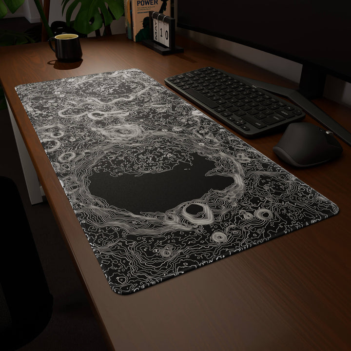 Clean angled presentation of a 90x40CM / 35x15.7in large mouse pad / desk mat showcasing the dramatic 'Lunar Topographic' design, inspired by minimalist lunar surface art. Its high-quality fabric surface is designed for optical and laser mice, delivering superior tracking performance and responsiveness.
