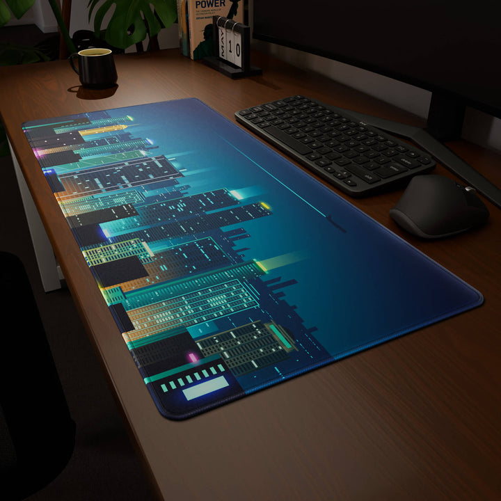 Clean angled presentation of a 90x40CM / 35x15.7in large mouse pad / desk mat showcasing the dramatic 'Neon City' design, inspired by cyberpunk cityscape art. Its high-quality fabric surface is designed for optical and laser mice, delivering superior tracking performance and responsiveness.