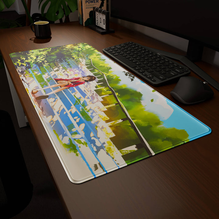 Clean angled presentation of a 90x40CM / 35x15.7in large mouse pad / desk mat showcasing the dramatic 'Peaceful Lofi Girl' design, inspired by lofi and scenic anime art. Its high-quality fabric surface is designed for optical and laser mice, delivering superior tracking performance and responsiveness.