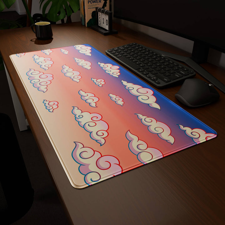 Clean angled presentation of a 90x40CM / 35x15.7in large mouse pad / desk mat showcasing the dramatic 'Sunset Clouds' design, inspired by Naruto and vibrant Japanese anime art. Its high-quality fabric surface is designed for optical and laser mice, delivering superior tracking performance and responsiveness.