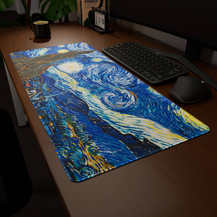 Clean angled presentation of a 90x40CM / 35x15.7in large mouse pad / desk mat showcasing the dramatic 'The Starry Night' design, inspired by Van Gogh classic art. Its high-quality fabric surface is designed for optical and laser mice, delivering superior tracking performance and responsiveness.