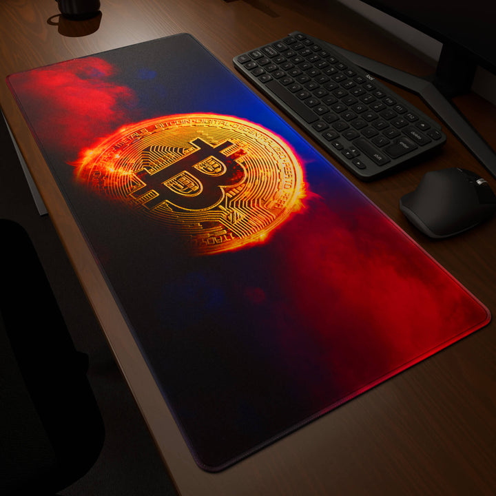 Dynamic angled perspective of a 90x40CM / 35x15.7in large mouse pad / desk mat featuring the vivid 'Bitcoin' design, inspired by crypto and blockchain technology. Its generous dimensions offer a vast, smooth area that protects your desk while enhancing mouse glide and overall comfort.