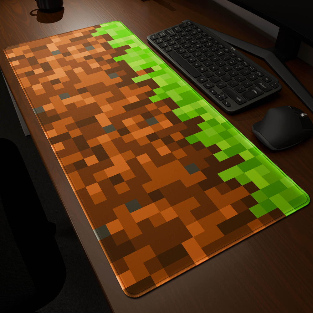 Dynamic angled perspective of a 90x40CM / 35x15.7in large mouse pad / desk mat featuring the vivid 'Blocks' design. Its generous dimensions offer a vast, smooth area that protects your desk while enhancing mouse glide and overall comfort.