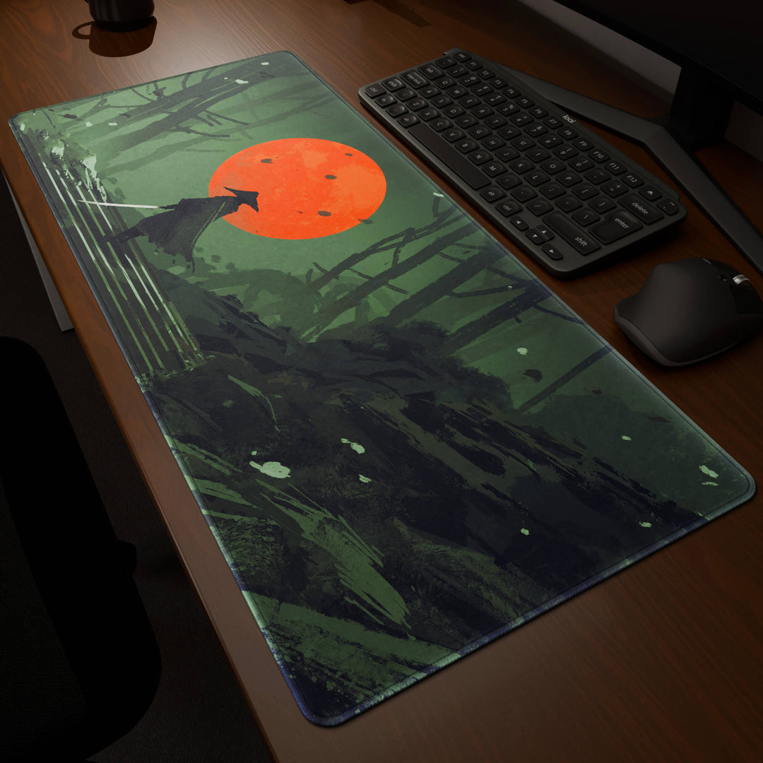 Dynamic angled perspective of a 90x40CM / 35x15.7in large mouse pad / desk mat featuring the vivid 'Blood Moon Samurai' design, inspired by dark fantasy samurai art. Its generous dimensions offer a vast, smooth area that protects your desk while enhancing mouse glide and overall comfort.
