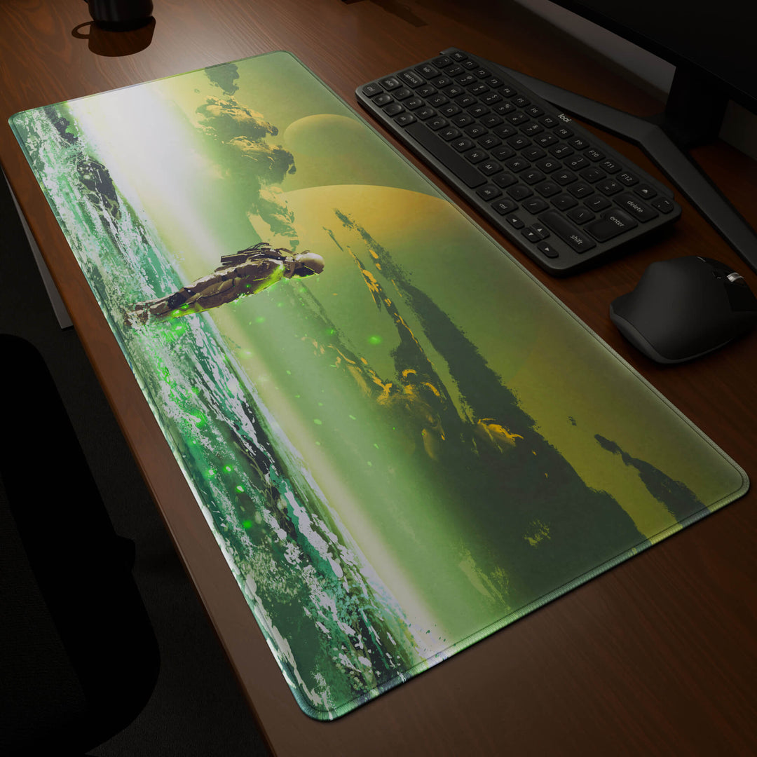 Dynamic angled perspective of a 90x40CM / 35x15.7in large mouse pad / desk mat featuring the vivid 'Cosmic Explorer' design, inspired by cyberpunk and sci-fi space art. Its generous dimensions offer a vast, smooth area that protects your desk while enhancing mouse glide and overall comfort.