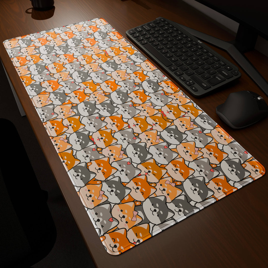 Dynamic angled perspective of a 90x40CM / 35x15.7in large mouse pad / desk mat featuring the vivid 'Miniature Pups' design, inspired by a cute kawaii dog pattern. Its generous dimensions offer a vast, smooth area that protects your desk while enhancing mouse glide and overall comfort.